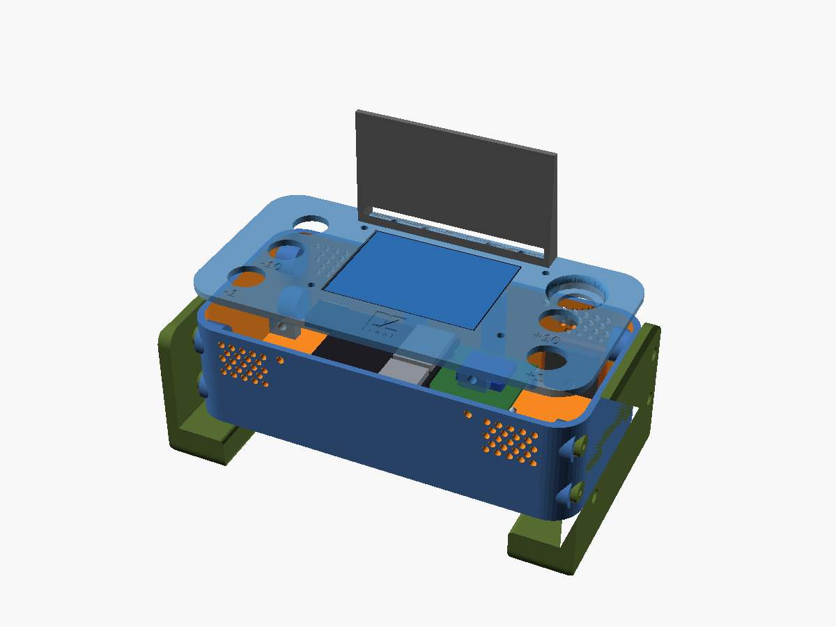 Render 3D de la caja del cockpit: cuerpo azul con la tapa transparente, la pantalla en el centro, los botones ±1 y ±10 a los costados, la visera levantada atrás y los soportes laterales en verde