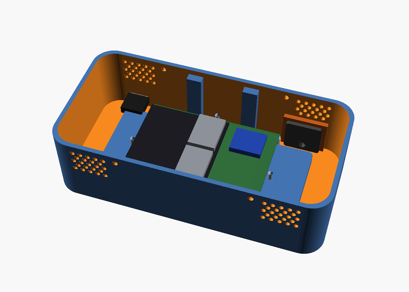 Render 3D del interior de la caja del cockpit sin la tapa: la placa ESP32 en verde, módulos negros y grises, el regulador a un costado y la ventilación en las paredes