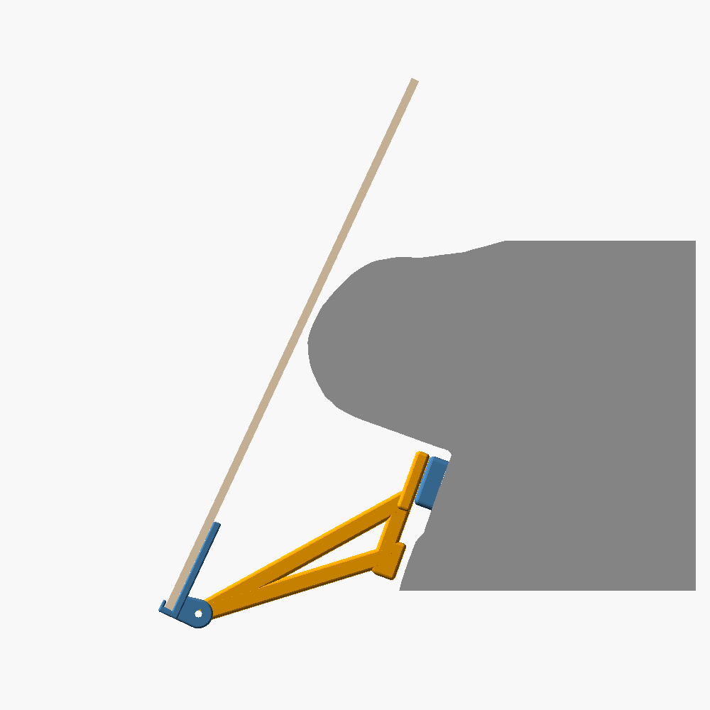 Corte lateral del soporte en el auto: el panel perforado en beige inclinado contra el tablero gris, un brazo triangular naranja que apoya en la tapa de la guantera y una bisagra azul en el borde inferior del panel